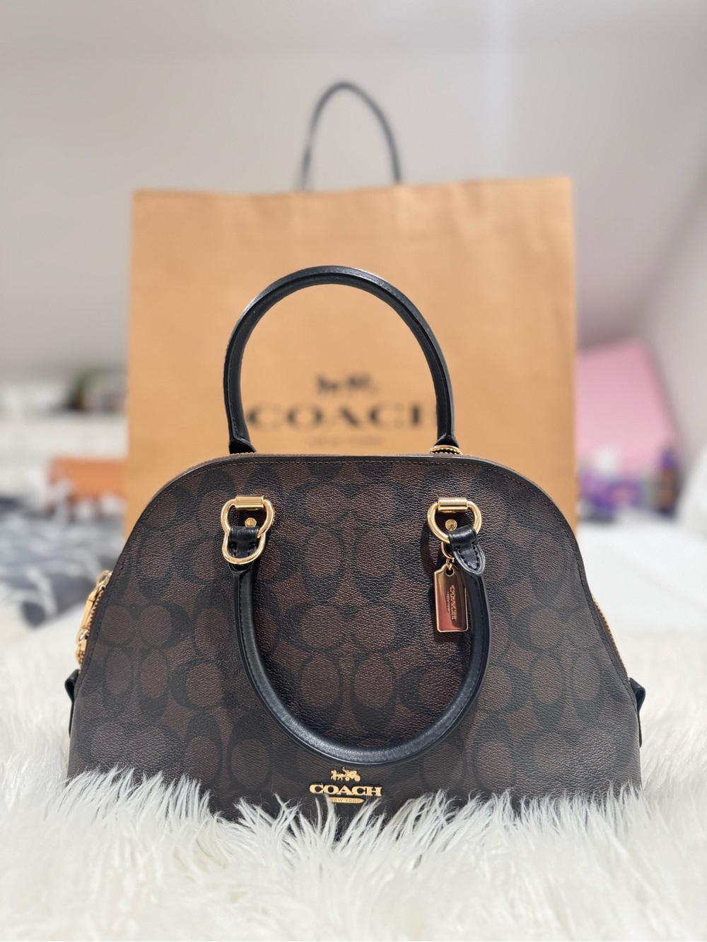 Coach Brown & Black Signature Dome Satchel with Gold Hardware